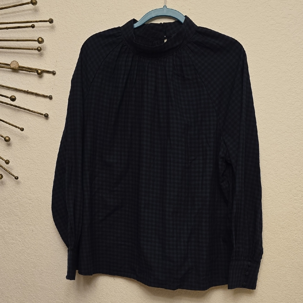 Ann Taylor Women's Dark Navy With Black Stripe Checkered Shirt